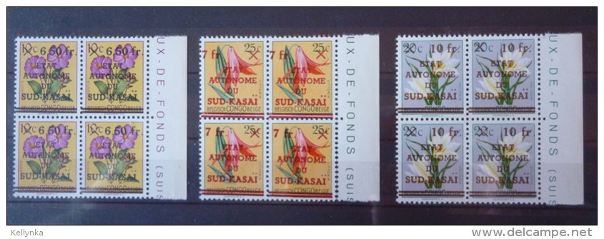 South Kasai - 1/13 - Fleurs - Essai - Erreur - 3 Différentes Surcharges - Bloc De 4 - 1961 - MNH - Sur Kasai