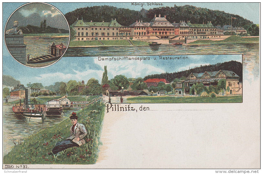 Litho AK Pillnitz Dampfschifflandeplatz Restauration Gasthaus Schloss Dampfer Bei Dresden Niederpoyritz Graupa Söbrigen - Pillnitz