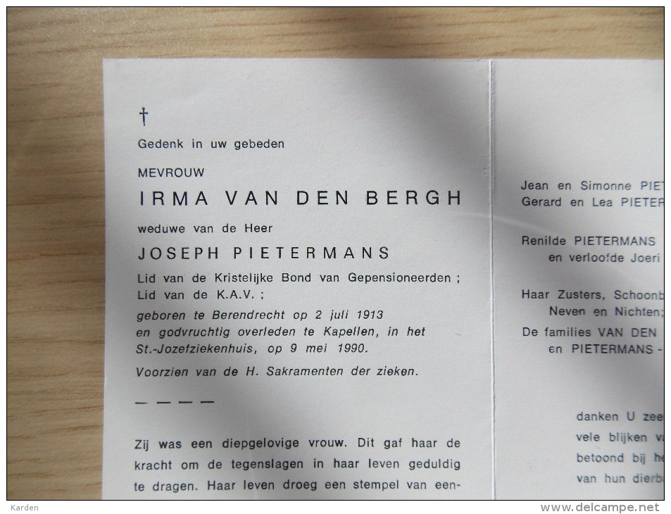 Doodsprentje Irma Van Den Bergh Berendrecht 2/7/1913 Kapellen 9/5/1990 ( Joseph Pietermans ) - Religion & Esotérisme