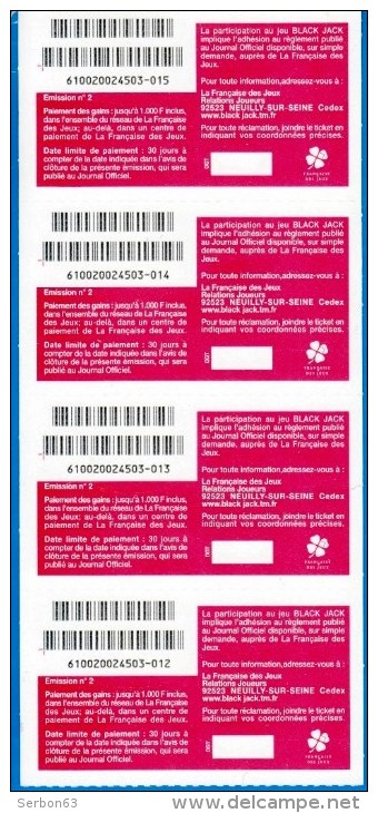 4 BLACK JACK ATTACHES TICKET DE GRATTAGE PARFAIT LOTERIE FDJ FRANCAISE DES JEUX 610020024503-012 A 015 EMISSION OGT N° 2 - Billets De Loterie