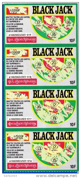 4 BLACK JACK ATTACHES TICKET DE GRATTAGE PARFAIT LOTERIE FDJ FRANCAISE DES JEUX 610020024503-016 A 019 EMISSION OGT N° 2 - Billets De Loterie