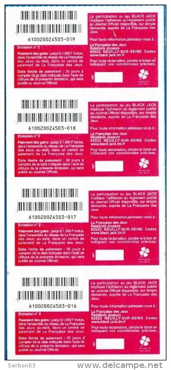 4 BLACK JACK ATTACHES TICKET DE GRATTAGE PARFAIT LOTERIE FDJ FRANCAISE DES JEUX 610020024503-016 A 019 EMISSION OGT N° 2 - Billets De Loterie