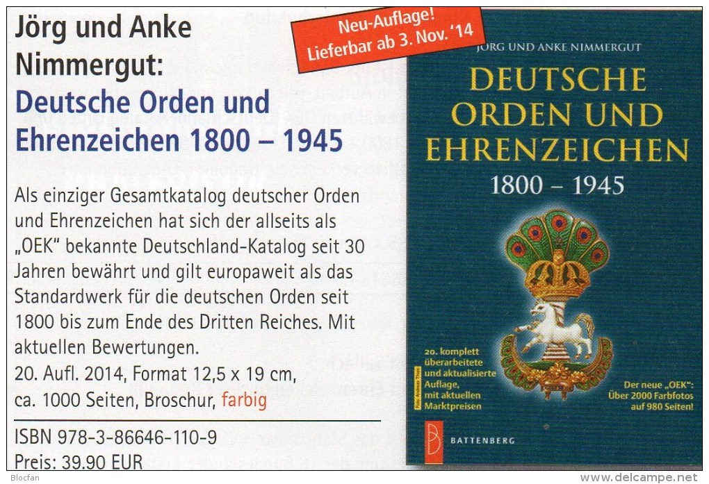 Deutsche Orden Ehrenzeichen 1800-1945 Battenberg Katalog 2014 New 40€ Germany Baden Bayern Danzig Saar Sachsen III.Reich - German