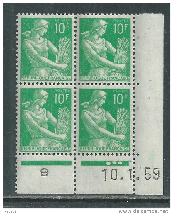 France N° 1115A  XX Type Moissonneuse : 10 Vert En Bloc De 4 Coin Daté Du 10 . 1 . 59    3 Points  Sans Charnière, TB - 1950-1959