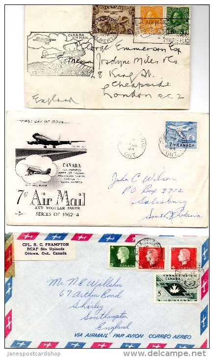 THREE AIR MAIL COVERS -FROM CANADA TO ENGLAND AND SOUTHERN RHODESIA -1928-1964-1965 RCAF Station - Erst- U. Sonderflugbriefe