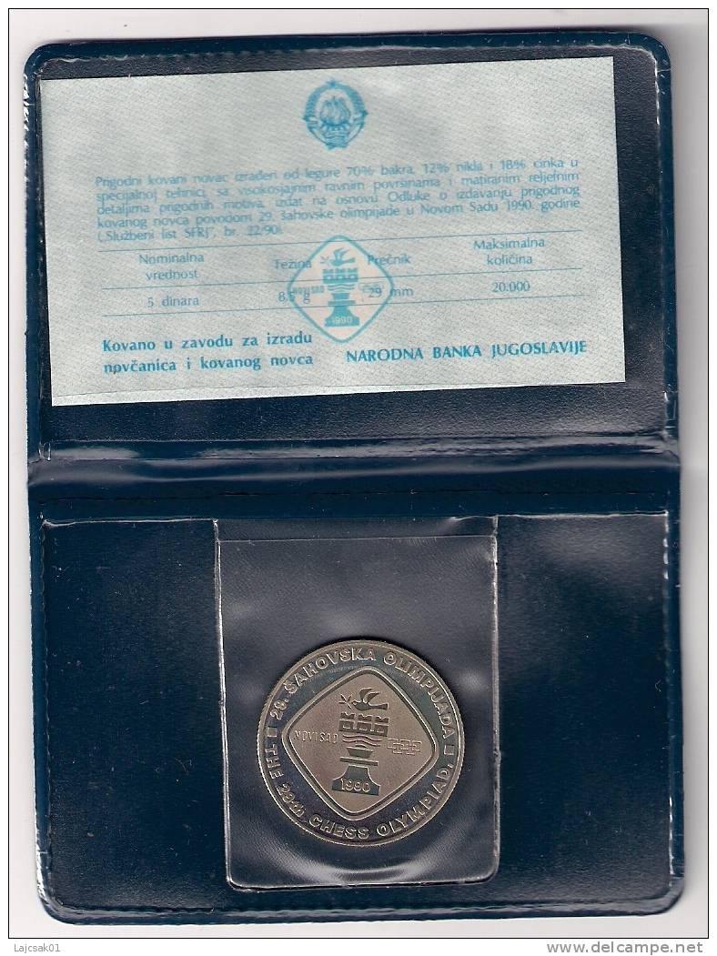 Yugoslavia 5 Dinara 1990.UNC Chess Olympiad Novi Sad Commemorative Coin KM#145 PROOF - Jugoslawien