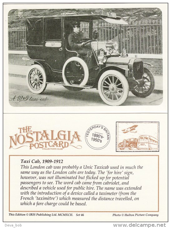 Postcard London Unic W&G Taxi Cab Nostalgia Hulton Photo 1909-1912 Taxicab Repro - Taxis & Fiacres