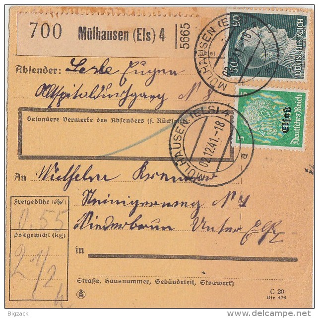 Elsass Paketkarte Mif Minr.796, Elsass Minr.3 Mülhausen 2.12.41 - Besetzungen 1938-45