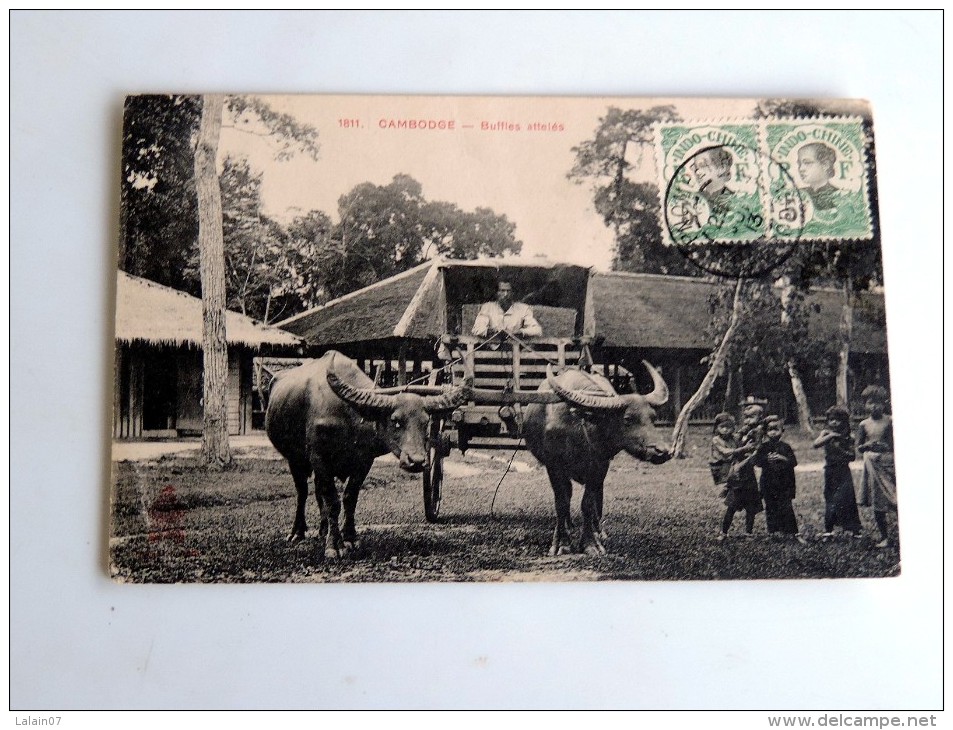 Carte Postale Ancienne : CAMBODGE : Buffles Attelés, Timbres, En 1913 - Cambodge