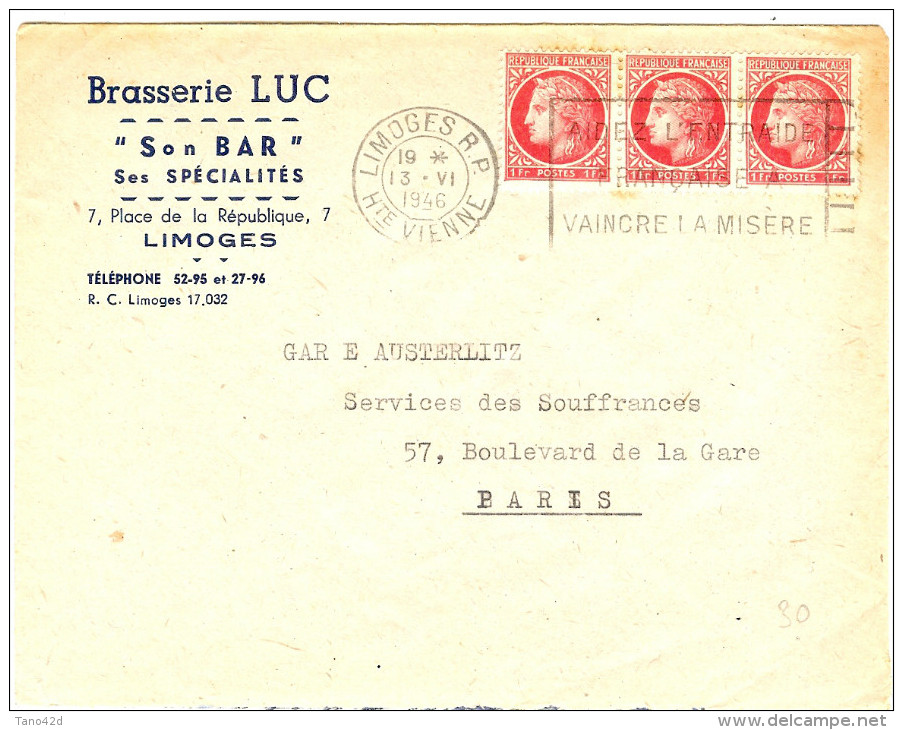 LGM FRANCE - MAZELIN 1fx3 SUR LETTRE LIMOGES/PARIS 13/6/1946 AU TARIF DU 2/1/1946  THEME BRASSERIE BIERE - 1945-47 Ceres (Mazelin)