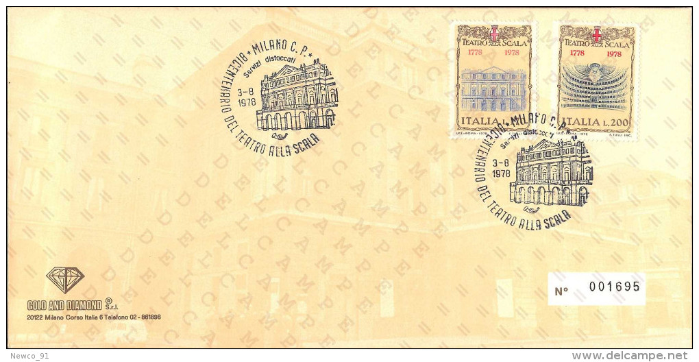 BICENTENARIO TEATRO ALLA SCALA MILANO 1778/1978 - RIPRODUZIONE FRANCOBOLLI SU LAMINA D´ARGENTO + ANNULLO FDC 03-08-1978 - Teatro