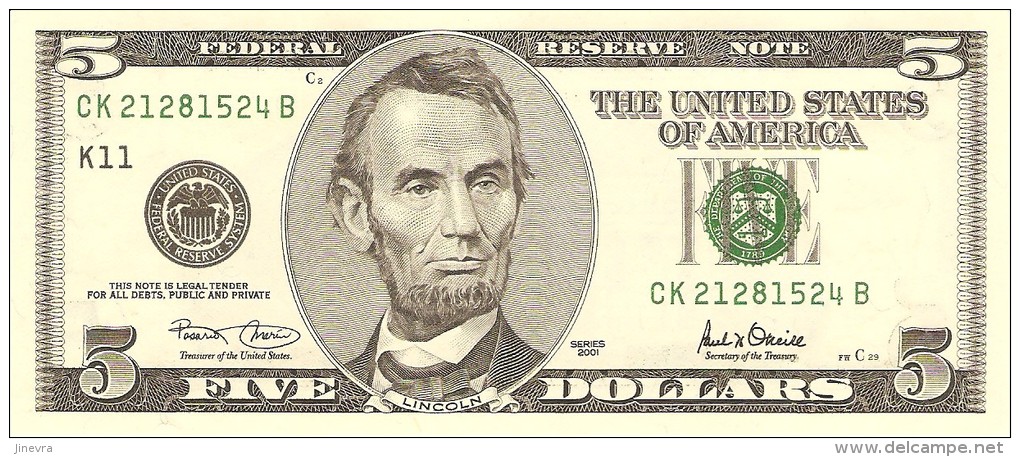 U.S.A. 5 DOLLARS 2001 PICK 510 LETTER "K" UNC - Billets De La Federal Reserve (1928-...)