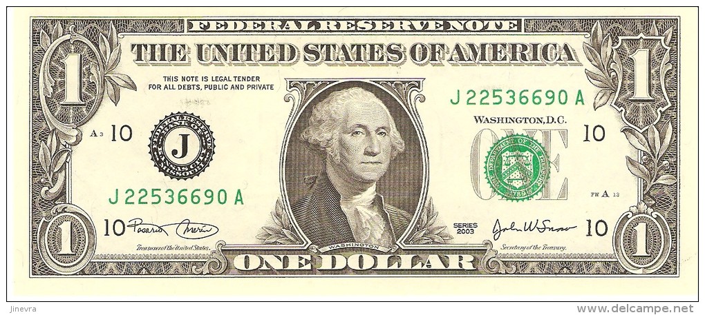 U.S.A. 1 DOLLAR 2003 PICK 515 LETTER "J" UNC - Federal Reserve Notes (1928-...)