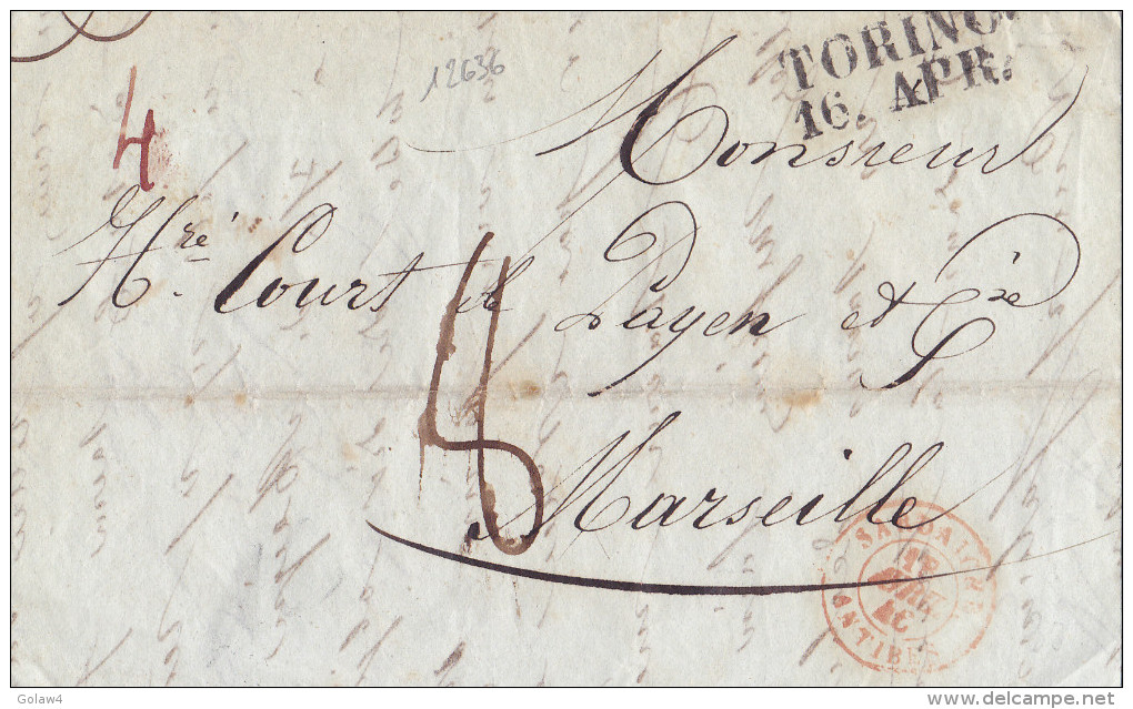 12636# LETTRE Obl TORINO 1846 TURIN ITALIE Pour MARSEILLE BOUCHES DU RHONE Via Entrée SARDAIGNE ANTIBES - 1801-1848: Précurseurs XIX