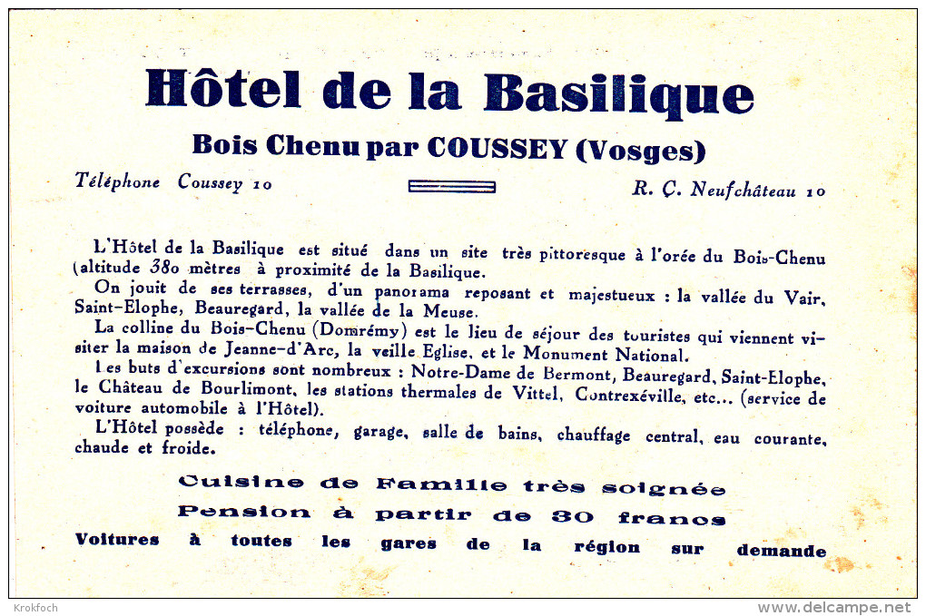 Coussey - Hotel De La Basilique - Bois Chenu - !! 2 Scans - Coussey