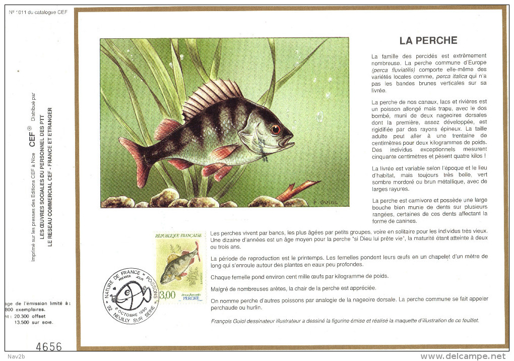 Sur Feuillet CEF , FDC Neuilly Sur Seine 1990 . Nature De France . LA PERCHE . - Poissons