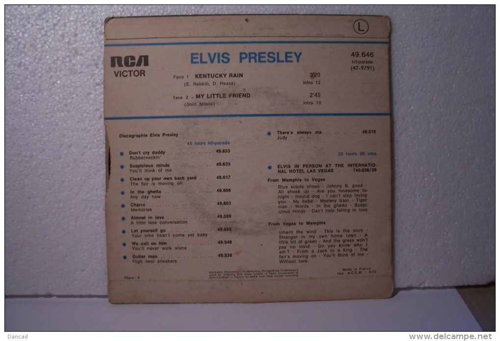 ELVIS  PRESLEY ---KENTUCKY  RAIN  - Ref: RCA 49.646 ( Année 1970) - - Rock