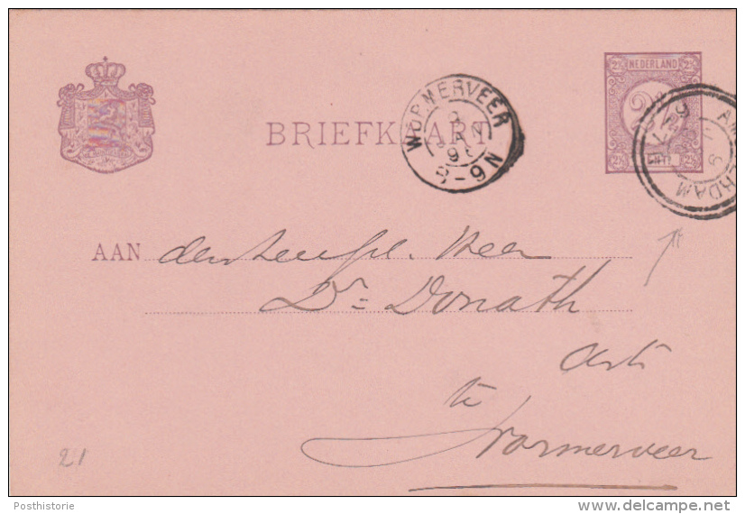 Briefkaart 9 Jan 1896 Amsterdam (proefstempel Dubbelring) Naar Wormerveer (kleinrond) - Postal History