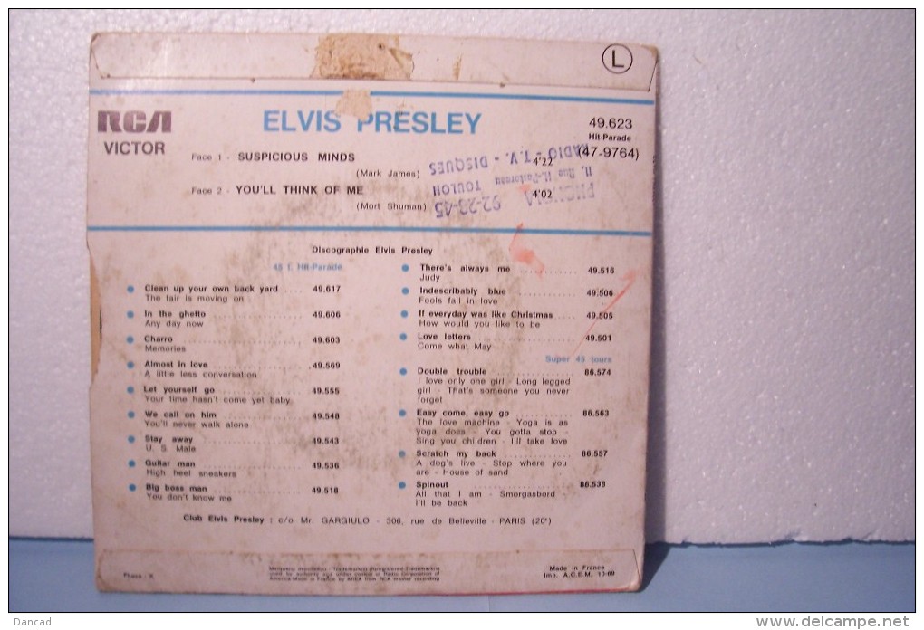 ELVIS  PRESLEY ---SUSPICIOUS  MINDS- Ref: RCA 49.623 ( Année  1969 ) - - Rock