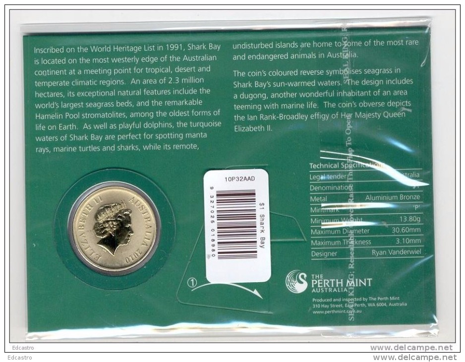 AUSTRALIA AUSTRALIE 2010. 1$ COIN. SHARK BAY. WORLD HERITAGE SITES. DOLPHINS. MANATEE - Sets Sin Usar &  Sets De Prueba