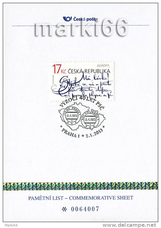 Czech Republic - 2013 - 40 Years Since Introduction Of Postal Codes - Commemorative Sheet, Special Postmark And Hologram - Brieven En Documenten