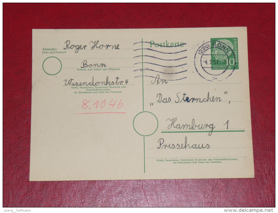 Bonn 1954 Bundespräsident Heuss 1 Grosser Kopf 10 Pf 0 Gebraucht Ganzsache Postal Stationery Bund Germany Postkarte - Postcards - Used