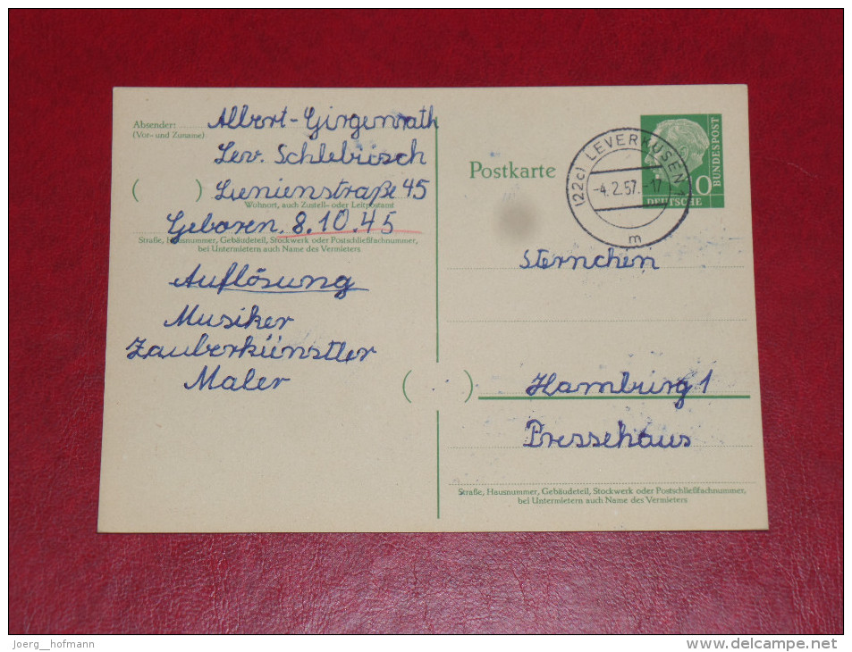 Leverkusen 1954 Bundespräsident Heuss 1 Grosser Kopf 10Pf 0 Gebraucht Ganzsache Postal Stationery Bund Germany Postkarte - Postcards - Used