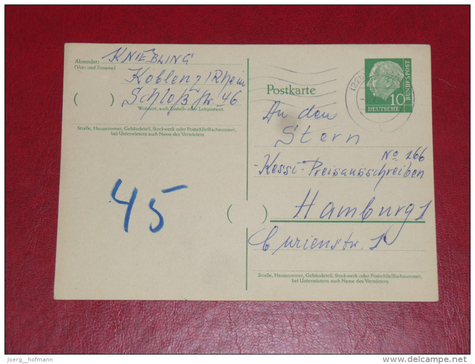 Koblenz 1954 Bundespräsident Heuss 1 Grosser Kopf 10Pf 0 Gebraucht Ganzsache Postal Stationery Bund Germany Postkarte - Postcards - Used