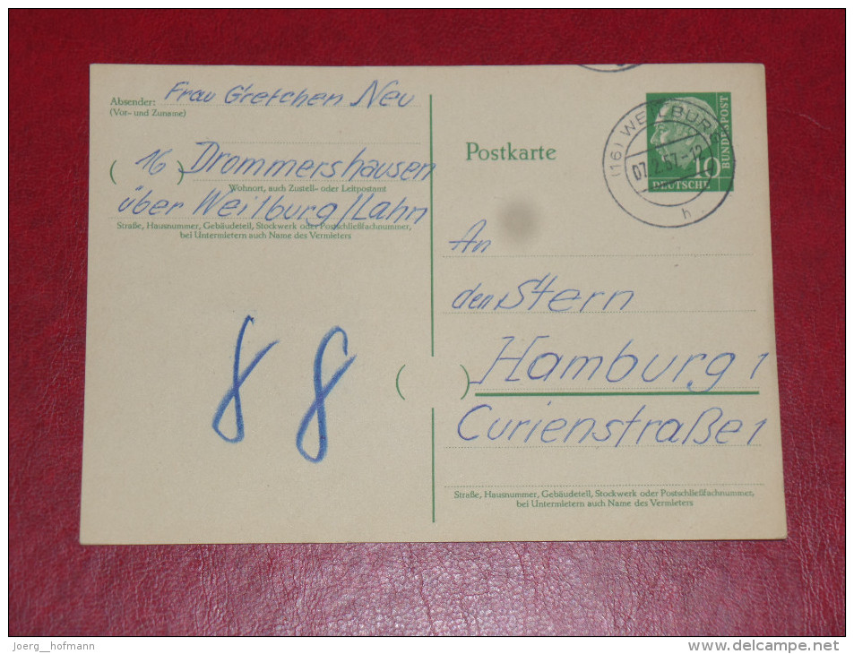Weilburg 1954 Bundespräsident Heuss 1 Grosser Kopf 10Pf 0 Gebraucht Ganzsache Postal Stationery Bund Germany Postkarte - Postcards - Used