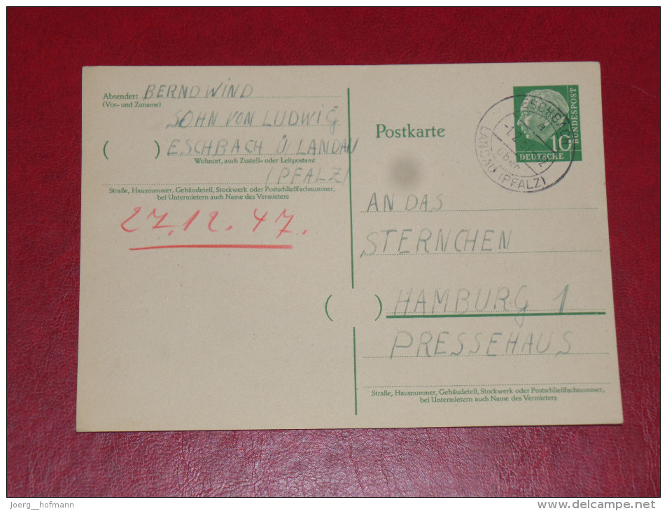 Eschbach 1954 Bundespräsident Heuss 1 Grosser Kopf 10Pf 0 Gebraucht Ganzsache Postal Stationery Bund Germany Postkarte - Postcards - Used