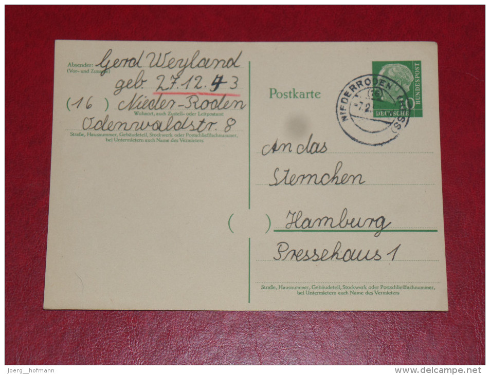 Niederroden 1954 Bundespräsident Heuss 1 Grosser Kopf 10Pf Gebraucht Ganzsache Postal Stationery Bund Germany Postkarte - Postcards - Used