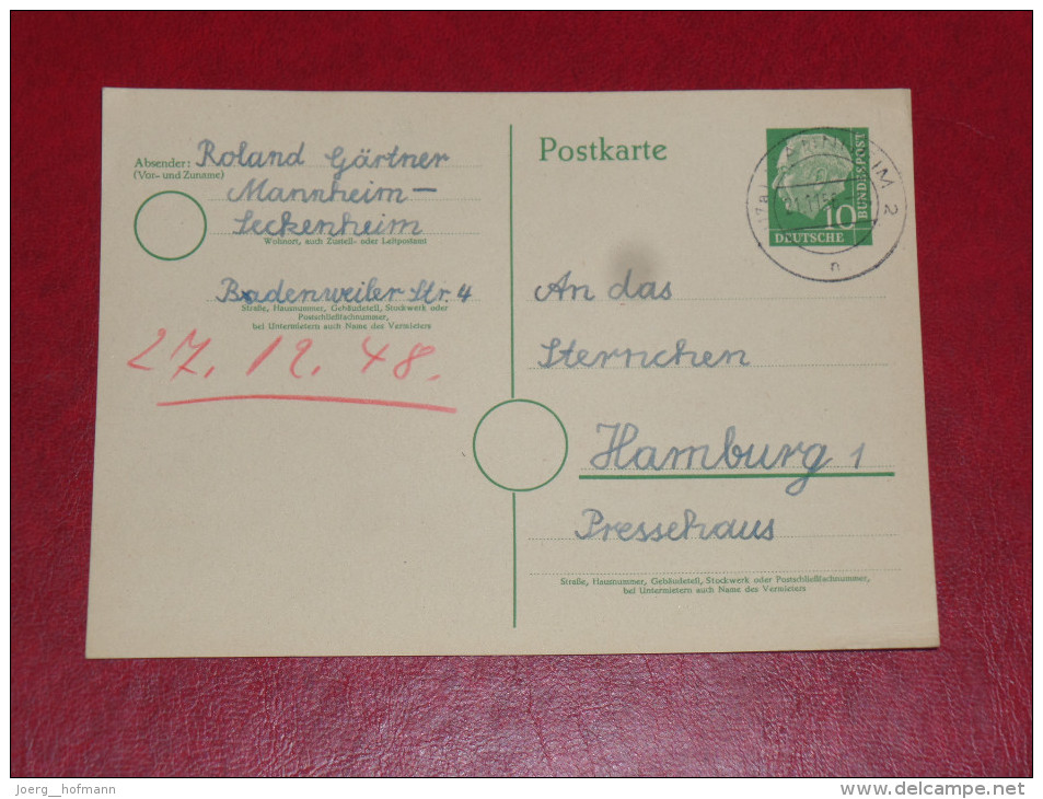 Mannheim 1954 Bundespräsident Heuss 1 Grosser Kopf 10Pf Gebraucht Ganzsache Postal Stationery Bund Germany Postkarte - Postcards - Used