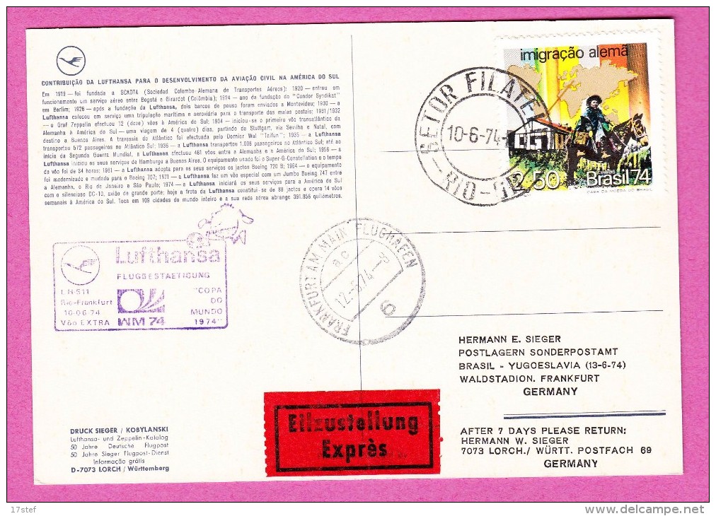 ALLEMAGNE GERMANY BRD - 1974 - Erstflug Premier Vol First Flight Frankfurt Bombay Frankfort Lufthansa - Cartas & Documentos
