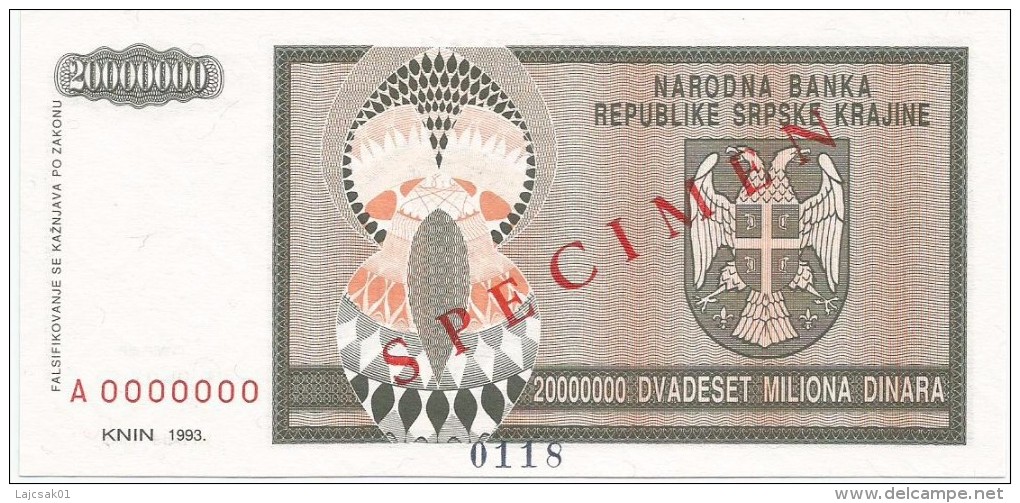 Croatia Knin Krajina 20.000.000 Dinara 1993. UNC SPECIMEN  P - R13 - Croatie