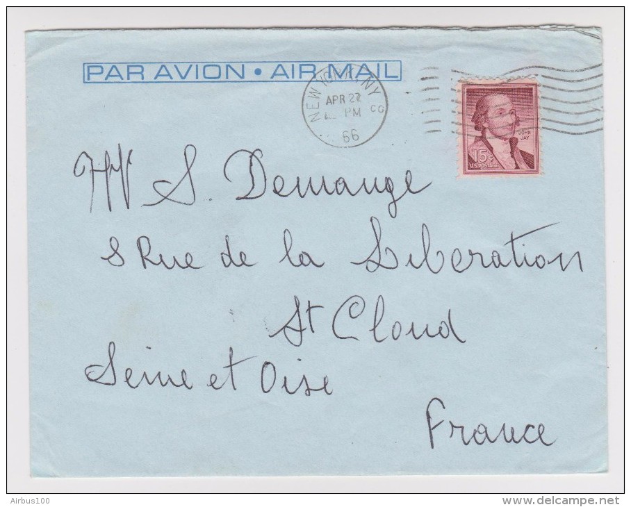 NEW YORK 22 APRIL 1966 PAR AVION PAQUEBOT FRANCE Cie GÉNÉRALE TRANSATLANTIQUE FRENCH LINE St CLOUD FRANCE ZOOM 3 Sc - Lettres & Documents