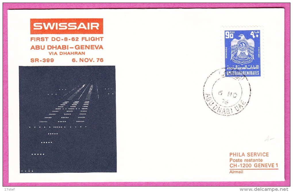 EMIRATS ARABES UNIS UNITED ARAB EMIRATES - 1976 - Erstflug Premier Vol First Flight Abu Dhabi Geneva Genève Genf DC8 - Abu Dhabi