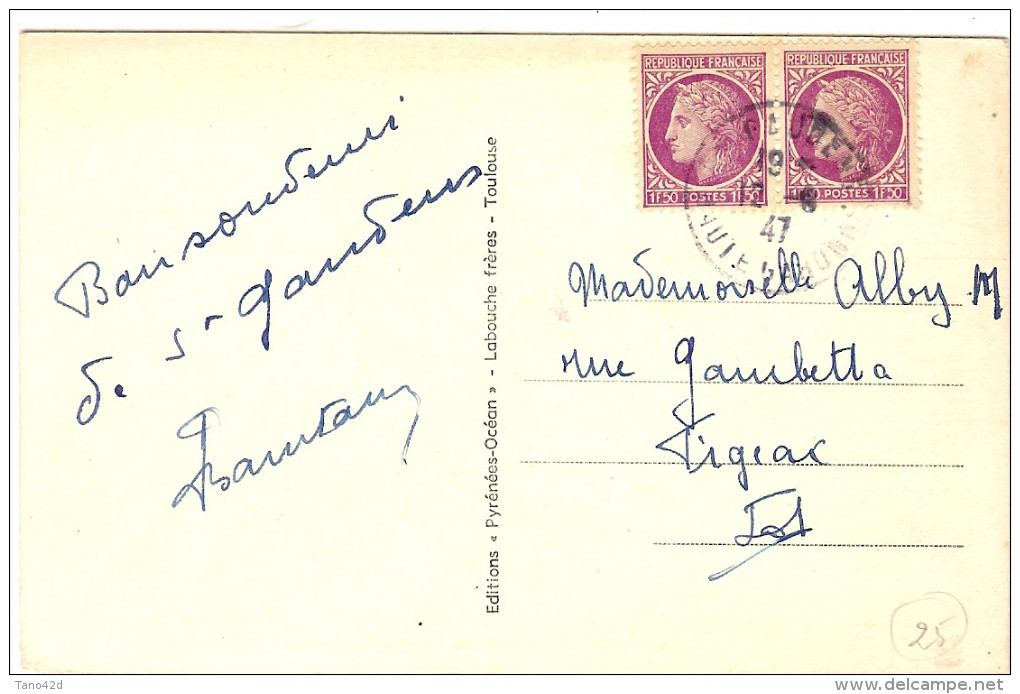 LGM FRANCE - MAZELIN 1f50x2 SUR CP ST GAUDENS / FIGEAC 12/8/1947  AU TARIF  DU 8/7/1947 - 1945-47 Ceres (Mazelin)