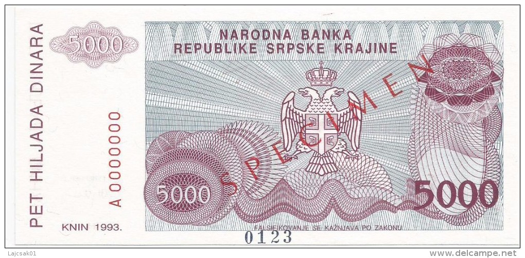 Croatia Knin Krajina 5000 Dinara 1993. UNC SPECIMEN  P - R20 - Croatia