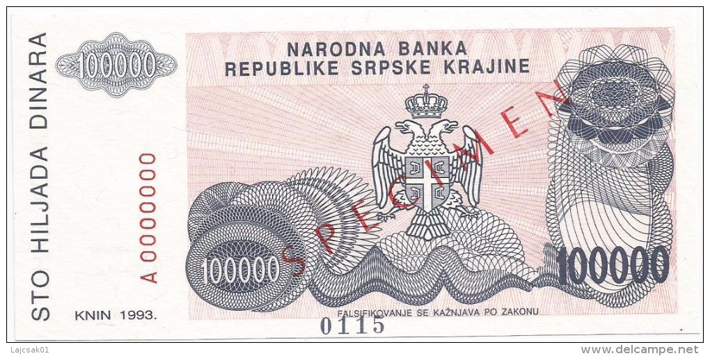 Croatia Knin Krajina 100.000 Dinara 1993. UNC SPECIMEN  P - R22 - Kroatië