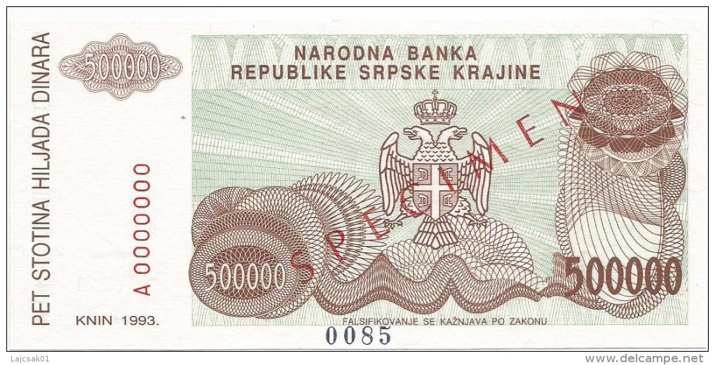 Croatia Knin Krajina 500.000 Dinara 1993. UNC SPECIMEN  P - R23 - Croatia