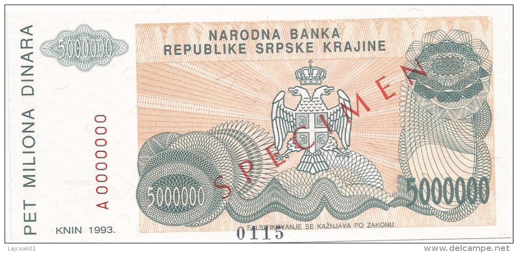 Croatia Knin Krajina 5.000.000 Dinara 1993. UNC SPECIMEN  P - R24 - Croatia