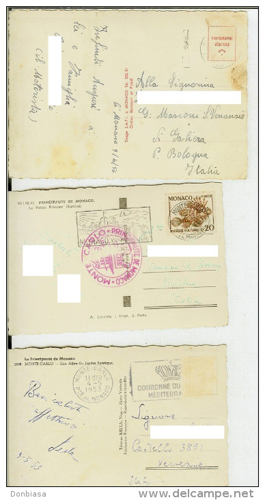 Principauté De Monaco / Monte-Carlo: Lot 4 Cartes Postales Voyagées 1940/53/56/62. Oblitérations, Timbres... - Sammlungen & Lose