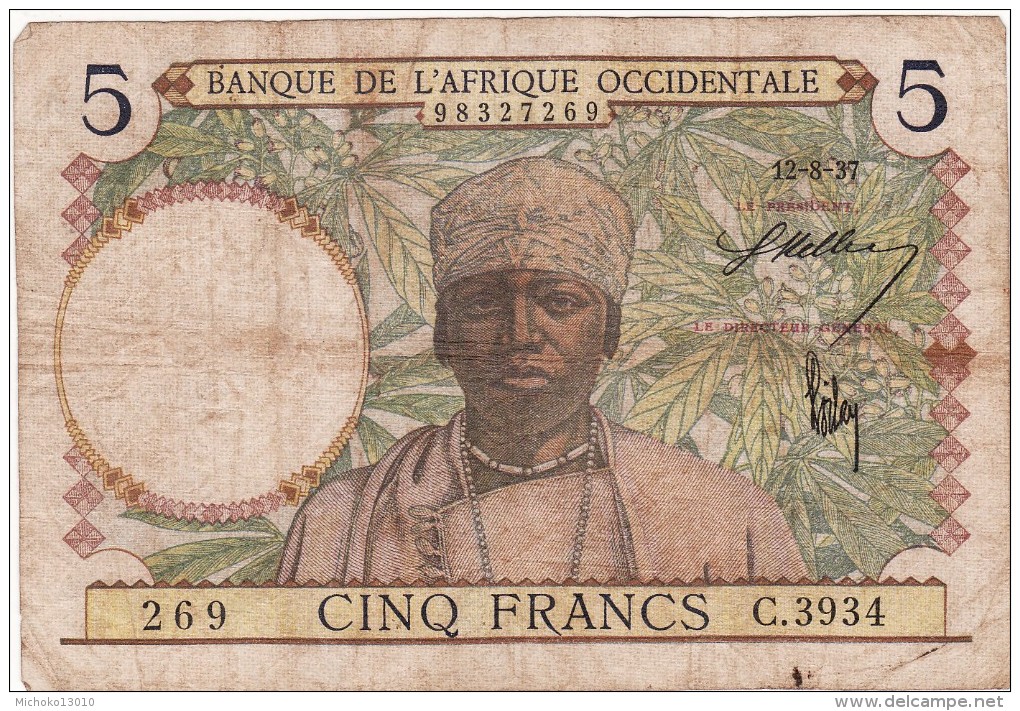 BILLET 5 FRANCS 1937 PICK 21  BANQUE DE L AFRIQUE OCCIDENTALE BON ETAT VOIR SCAN - États D'Afrique De L'Ouest