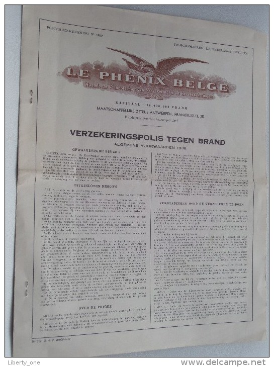 Verzekeringspolis Tegen BRAND Le Phénix Belge N° 343.825 Deurne Van Amstelstraat 86 - 1949 ( Details Zie Foto ) ! - Bank & Insurance