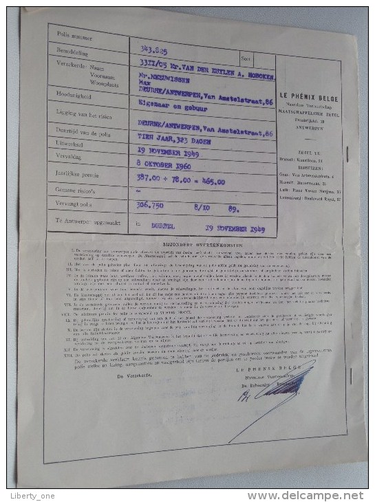 Verzekeringspolis Tegen BRAND Le Phénix Belge N° 343.825 Deurne Van Amstelstraat 86 - 1949 ( Details Zie Foto ) ! - Banque & Assurance