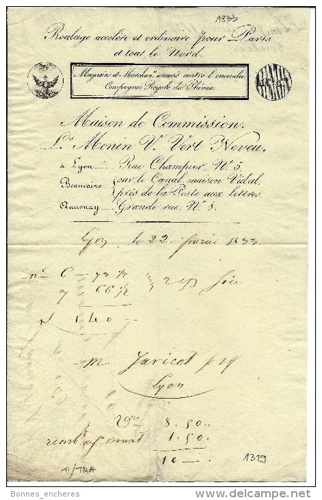 LETTRE DE VOITURE ROULAGE L.MONIN V.VERT NEVEU LYON BEAUCAIRE ANNONAY 1833 B.E.V.SCANS - 1900 – 1949