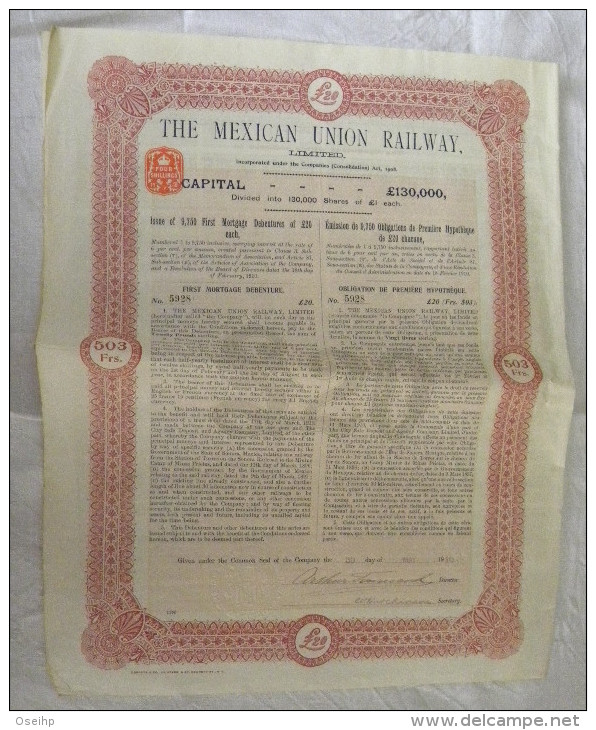 Titre Obligation De Première Hypothèque The MEXICAN UNION RAILWAY 32 Coupons - Chemin De Fer Mexique - Chemin De Fer & Tramway