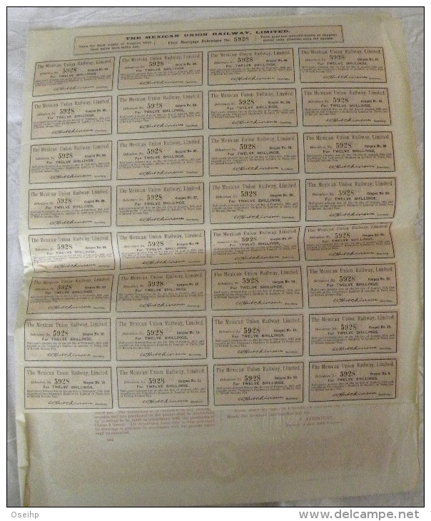 Titre Obligation De Première Hypothèque The MEXICAN UNION RAILWAY 32 Coupons - Chemin De Fer Mexique - Chemin De Fer & Tramway