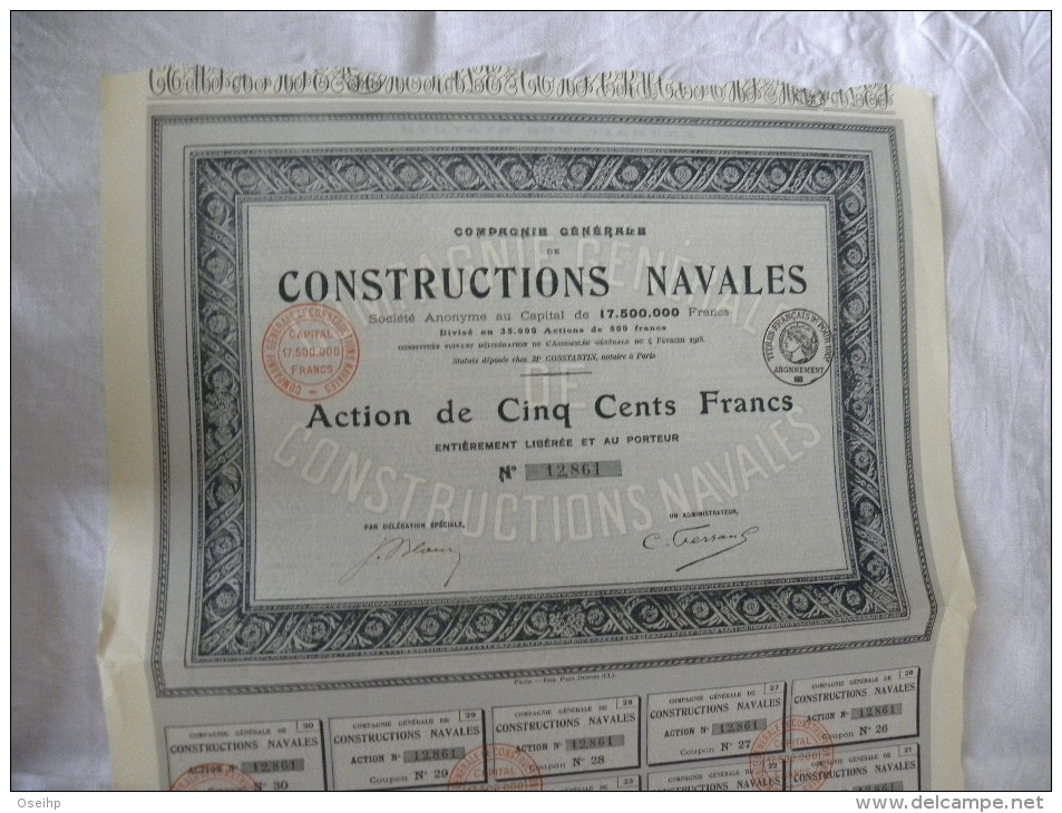 Titre Compagnie Générale De CONSTRUCTIONS NAVALES Action 500 Francs Au Porteur 30 Coupons - Navigation - Navigation