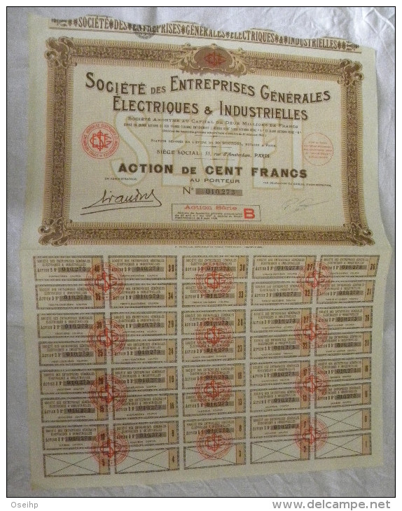 Titre Société Des ENTREPRISES Générales ELECTRIQUES & INDUSTRIELLES  Action 100 Francs Au Porteur 34 Coupons Electricité - Electricité & Gaz